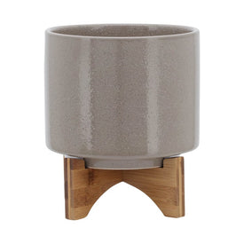 8" Speckled Ceramic Planter with Wood Stand - Beige
