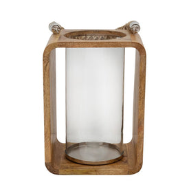 12" Wooden Hurricane Candle Holder with Rope Handle - Natural