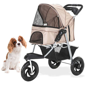 Single Three-Wheel Jogging Pet Stroller for Pets 55 Lbs. and Under with Storage Basket - Tan