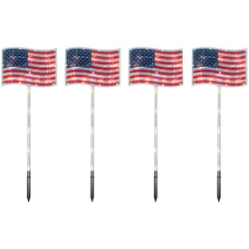 Four-Count Patriotic American Flag 4th of July Pathway Marker Lawn Stakes with Clear Lights