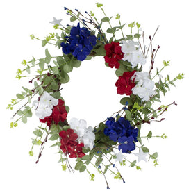 20" Hydrangea and Eucalyptus Patriotic Artificial Wreath - Red/White/Blue