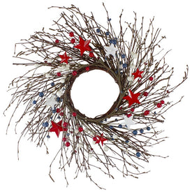 Berries and Stars 24" Artificial Patriotic Twig Wreath - Red and Blue