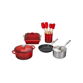 Mixed Material 12-Piece Cookware and Accessory Set with Stainless Steel Knobs - Cerise