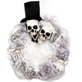 17" Pre-Lit Bride and Groom Skull Wreath, Halloween Door or Wall Decoration, Battery Operated, White-Red