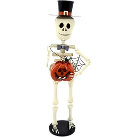 33" Iron Skeleton Holding a Pumpkin with Removable Lawn Stake Indoor/Outdoor Halloween Decoration