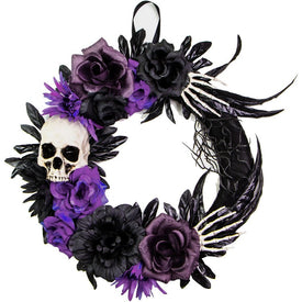 17" Flower and Skull Wreath, Halloween Door or Wall Decoration, Purple-Black