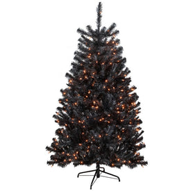 6' Pre-Lit Black Noble Spruce Artificial Halloween Tree with Orange Lights