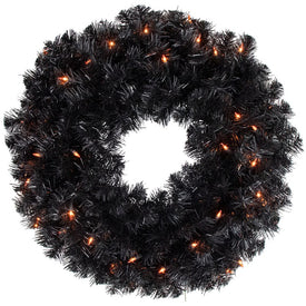24" Pre-Lit Black Noble Spruce Artificial Halloween Wreath with Orange Lights