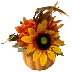 14.75" Yellow Sunflower and Mum Filled Pumpkin Thanksgiving Decor