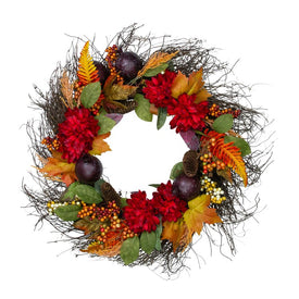 28" Mums and Pomegranates Artificial Fall Harvest Floral Wreath