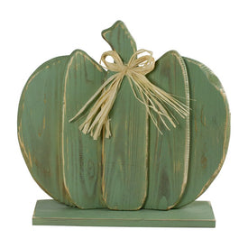 14.5" Green Wooden Fall Harvest Tabletop Pumpkin with Bow