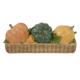15" Faux Rattan Basket with Pumpkins Thanksgiving Tabletop Decoration