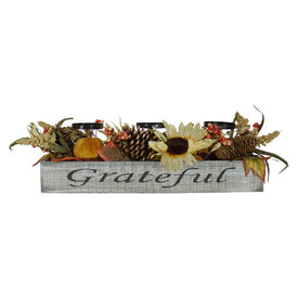 26" Autumn Harvest Sunflower Three-Piece Candle Holder in a "Grateful" Rustic Wooden Box Centerpiece