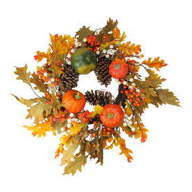 24" Fallen Leaves with Pine Cones and Pumpkins Artificial Thanksgiving Wreath