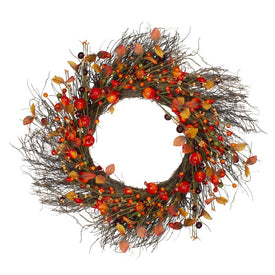 24" Unlit Leaves and Berries Artificial Fall Harvest Twig Wreath