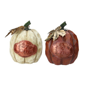 Set of 2 Autumn Harvest "Be Joyful" Pumpkin Figurines