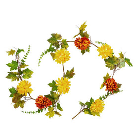 5.5' x 6" Unlit Red and Yellow Maple Leaf with Mum Flower Thanksgiving Garland