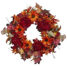 24" Unlit Leaves and Flowers Fall Harvest Wreath