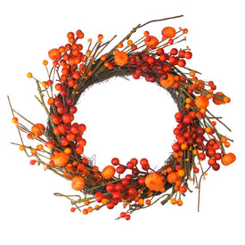 20" Unlit Red and Orange Fall Berry and Mini Pumpkin Artificial Thanksgiving Wreath