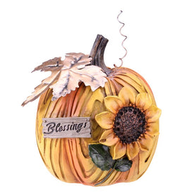 6.5" Brown and Yellow Sunflower "Blessings" Thanksgiving Tabletop Pumpkin Decor