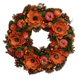 13.25" Unlit Autumn Harvest Orange Flowers and Gourds Pine Cone Wreath