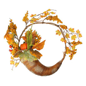 18" Unlit Fall Leaves Berries and Pumpkins Artificial Thanksgiving Cornucopia Wreath