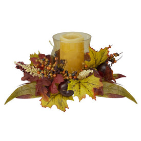 15" Fall Apple and Berry Glass Hurricane Pillar Candle Holder Thanksgiving Centerpiece