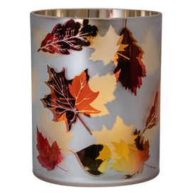 6" Matte White and Gold Autumn Leaves Flameless Glass Candle Holder