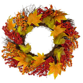 22" Maple Leaf and Berry Twig Artificial Fall Harvest Wreath