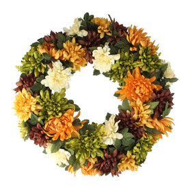 19.5" Unlit Autumn Orange and Green Chrysanthemum Artificial Thanksgiving Wreath