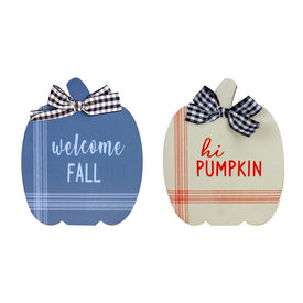8" Blue and Beige Fall Harvest Wooden Pumpkin Welcome Plaques Set of 2
