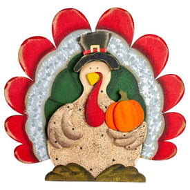 9.75" Wooden Turkey with Pumpkin Thanksgiving Decoration