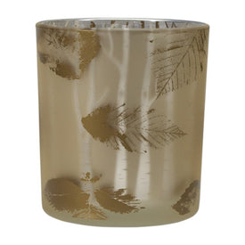 3" Shiny Gold and White Birch Leaves Flameless Glass Candle Holder
