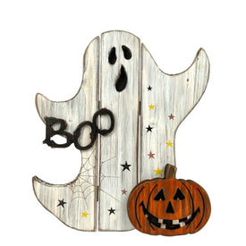 13" Ghost with Jack-O'-Lantern Wooden Halloween Boo Sign