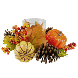 10" Pumpkin Berry and Pine Cone Fall Harvest Tealight Candle Holder