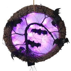 15" LED Lighted Rattan with Bats Halloween Wreath with Purple Lights