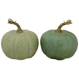 5" Green and Gold Crackle Fall Harvest Tabletop Thanksgiving Pumpkins Set of 2