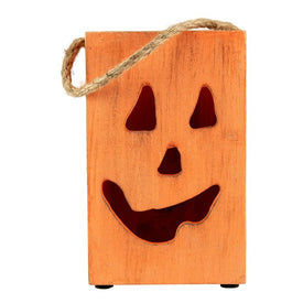 8" Large Orange Wood Jack-O'-Lantern Halloween Candle Lantern
