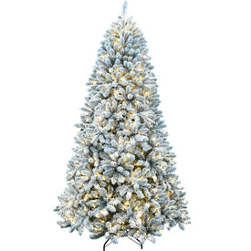 9' Pre-Lit Flocked Winter Snow Pine Christmas Tree with Warm White LED Lighting