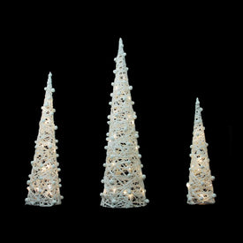 39.25" LED Lighted White and Silver Cone Tree Christmas Decorations Set of 3