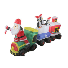 6.5' Lighted Inflatable Red and Green Santa and Penguins on Train Outdoor Christmas Decoration