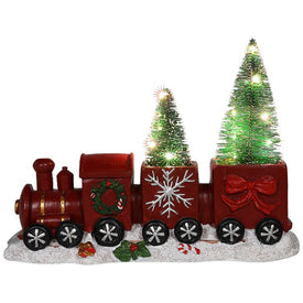 12" Red and Gold Christmas Train with LED Lighted Frosted Trees Tabletop Decoration