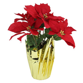 16" Red Artificial Christmas Poinsettia Arrangement with Gold-Wrapped Pot