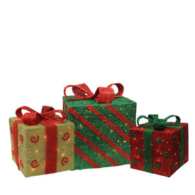 16" Lighted Green and Red Gift Boxes Christmas Outdoor Decorations Set of 3