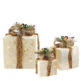 10" Lighted Cream Gift Boxes with Twine Bows Outdoor Christmas Decorations Set of 3