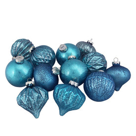 3.75" Teal Blue Three-Finish Christmas Ornaments Set of 12