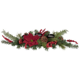32" Artificial Mixed Pine Berries and Poinsettia Christmas Candle Holder Centerpiece
