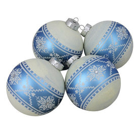 4" Blue and White Nordic Fair Isle Glass Ball Christmas Ornaments Set of 4