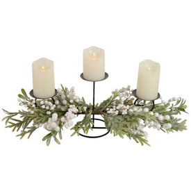 26" Triple Candle Holder with Frosted Foliage and Berries Christmas Decoration