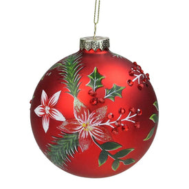 4" Red Poinsettia and Holly Glass Christmas Ball Ornament